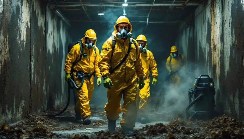 Workers in yellow hazmat suits with respirators cleaning a contaminated and smoky environment