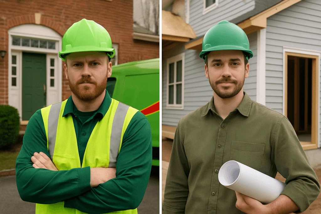Side-by-side portrait of contractors outside damaged residential buildings.